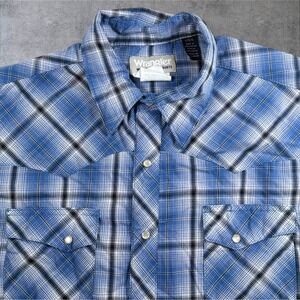 Wrangler Wrancher Large Short Sleeve Plaid Pearl‎ Snap Button Western Blue Plaid